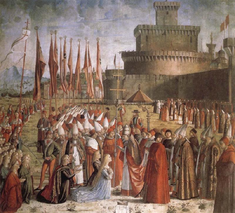 CARPACCIO, Vittore Scenes from the Life of St Ursula:The Pilgrims are met by Pope Cyriacus in front of the Walls of Rome Spain oil painting art